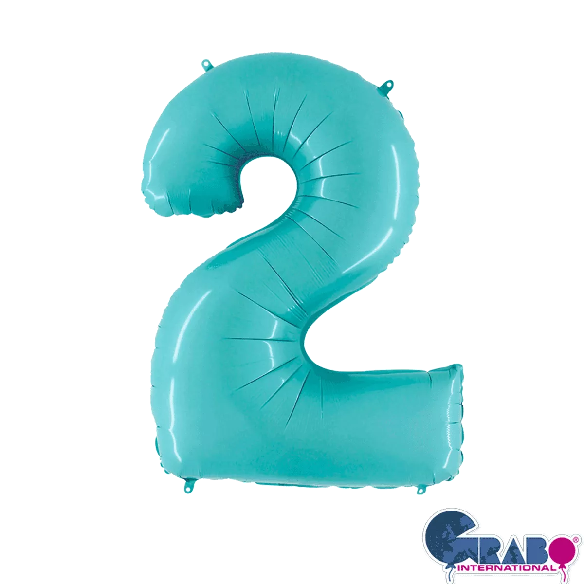 Pastel blue Grabo foil balloon shaped as the number 2, measuring 26 inches, with shiny metallic surface and smooth edges.