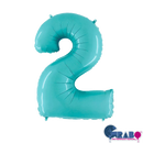 Pastel blue Grabo foil balloon shaped as the number 2, measuring 26 inches, with shiny metallic surface and smooth edges.