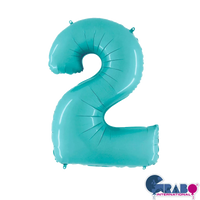 Pastel blue Grabo foil balloon shaped as the number 2, measuring 26 inches, with shiny metallic surface and smooth edges.