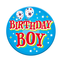 Six small birthday open badges by Tiger Feet featuring colorful designs on a white background.