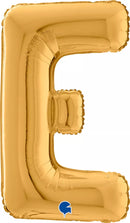 Gold foil balloon shaped as the letter E from Grabo, 26 inches tall, with shiny metallic surface and smooth curves.