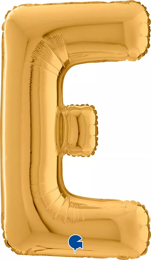 Gold foil balloon shaped as the letter E from Grabo, 26 inches tall, with shiny metallic surface and smooth curves.