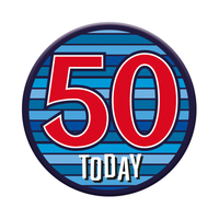 Six small Tiger Feet birthday badges featuring the number 50, with colorful designs and "Happy Birthday" text on each badge.