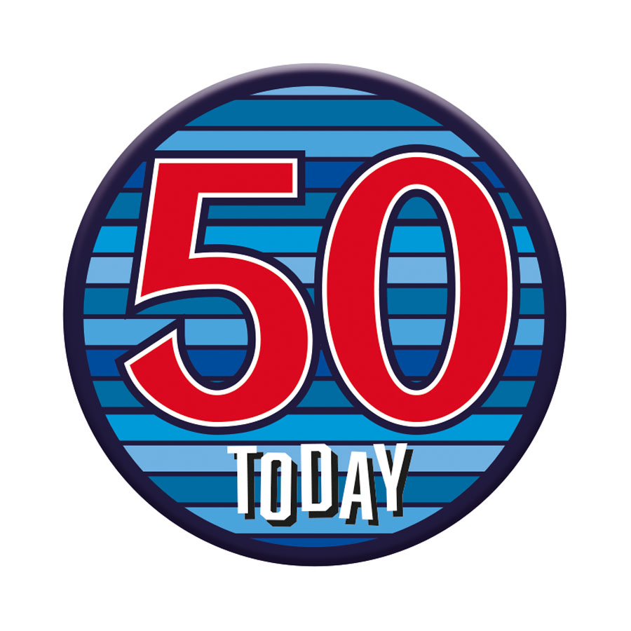 Six small Tiger Feet birthday badges featuring the number 50, with colorful designs and "Happy Birthday" text on each badge.