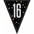 Black 9ft flag bunting with "Age 16" and "Glitz" design from Unique, featuring sparkling black fabric and decorative pennants.