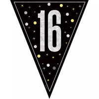 Black 9ft flag bunting with "Age 16" and "Glitz" design from Unique, featuring sparkling black fabric and decorative pennants.