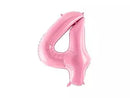 Pink PartyDeco foil balloon shaped as the number 4, measuring 34 inches, perfect for celebrations and parties.