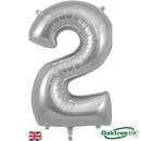 Silver Oaktree foil balloon shaped as the number 2, measuring 34 inches, with a shiny metallic finish on a white background.