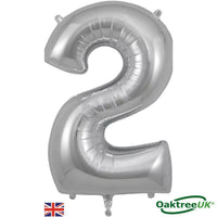 Silver Oaktree foil balloon shaped as the number 2, measuring 34 inches, with a shiny metallic finish on a white background.