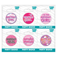Six small birthday open badges by Tiger Feet featuring colorful, playful designs for celebrating special occasions.