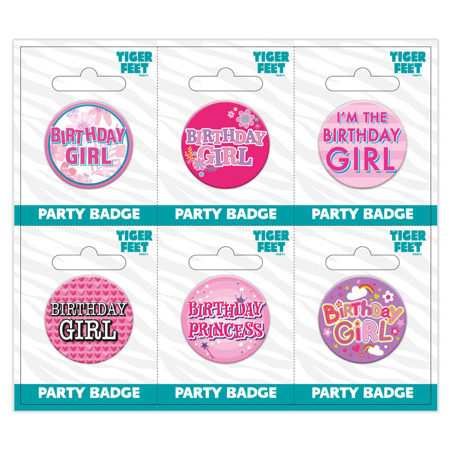 Six small birthday open badges by Tiger Feet featuring colorful, playful designs for celebrating special occasions.