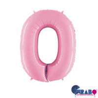 Pastel pink Grabo foil balloon shaped as the number 0, 26 inches tall, with shiny metallic finish and smooth surface.