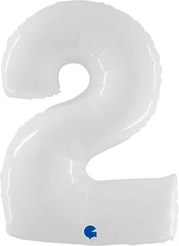 Shiny white 40-inch Grabo foil number 2 balloon with reflective surface for celebrations and special occasions.