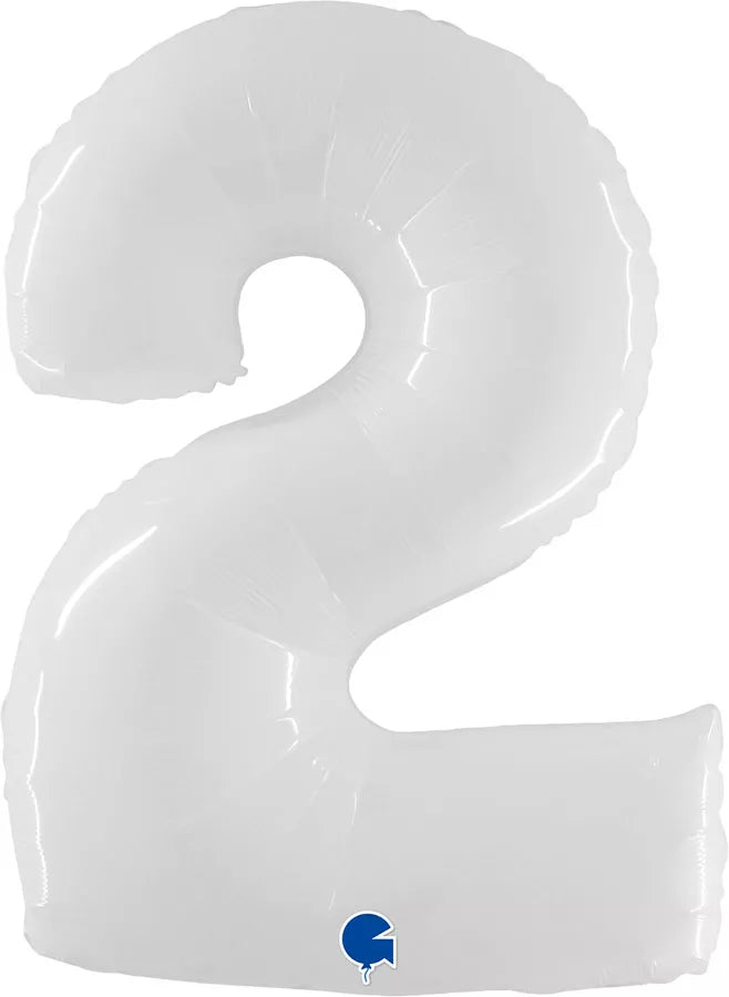 Shiny white 40-inch Grabo foil number 2 balloon with reflective surface for celebrations and special occasions.