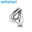 Silver 16-inch Anagram foil balloon shaped as the number 4, shiny metallic finish, designed for celebrations and parties.