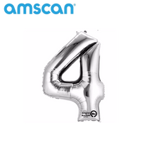 Silver 16-inch Anagram foil balloon shaped as the number 4, shiny metallic finish, designed for celebrations and parties.