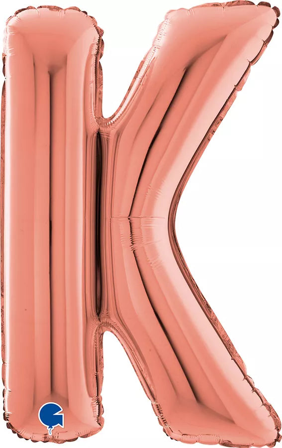 Grabo rose gold foil balloon in the shape of the letter K, 26 inches tall with shiny metallic finish.