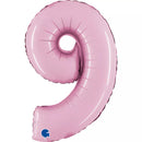 Pastel pink Grabo foil balloon shaped as the number 9, measuring 14 inches, with shiny metallic finish.