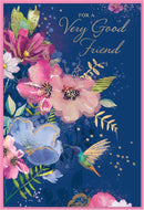 Simon Elvin C50 birthday cards set featuring six "Very Good Friend" cards with colorful designs and cheerful messages.