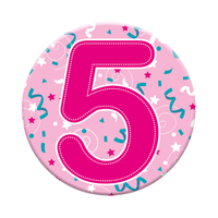 Six small birthday badges by Tiger Feet featuring the age 5, perfect for birthday celebrations and party accessories.