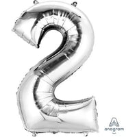 Silver foil balloon shaped as the number 2, 34 inches tall, by Anagram, perfect for celebrations and party decorations