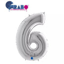 Silver Grabo foil balloon shaped as the number 6, measuring 40 inches tall, with shiny metallic surface and decorative details.