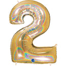 Gold foil balloon by Grabo, 40-inch number 2 with holographic glitter, perfect for celebration decorations.