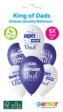 Gemar King Of Dads 13-inch latex balloons with printed designs, set of six for celebrations and parties.