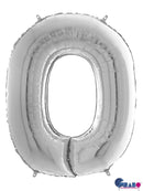 Silver Grabo foil balloon shaped as the number 0, measuring 26 inches, with shiny metallic finish and bold number design.