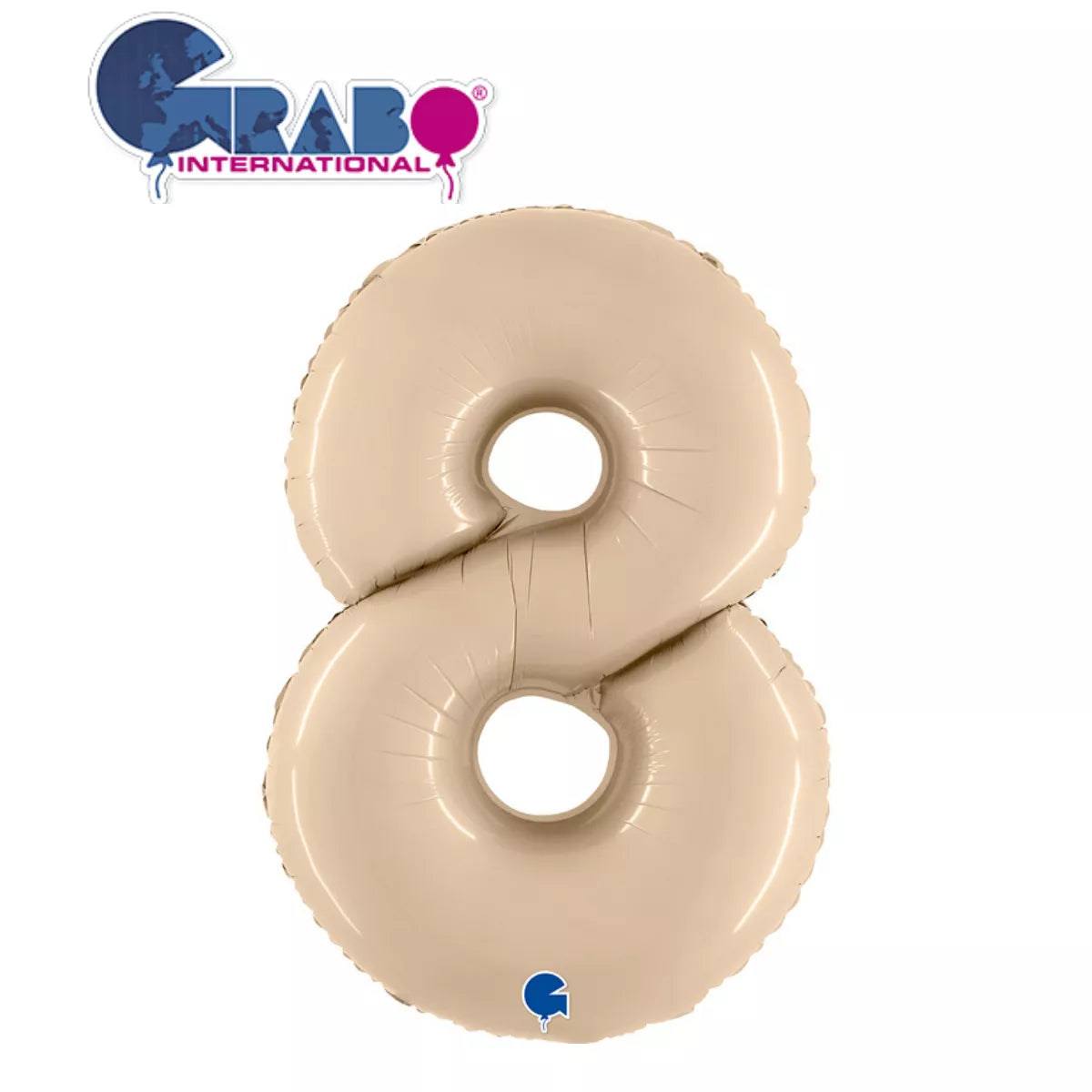 Cream satin foil balloon shaped as number 8 by Grabo, measuring 40 inches tall, with shiny, smooth surface and vibrant appearance.
