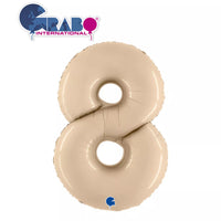 Cream satin foil balloon shaped as number 8 by Grabo, measuring 40 inches tall, with shiny, smooth surface and vibrant appearance.