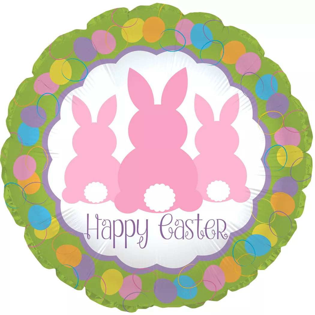 Colorful Happy Bunnies 9-inch air fill foil balloon by TRI, featuring playful bunny designs on shiny foil surface.