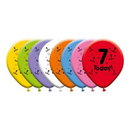 Eight colorful latex balloons with printed "7" for birthday celebrations, featuring vibrant designs and bright colors.