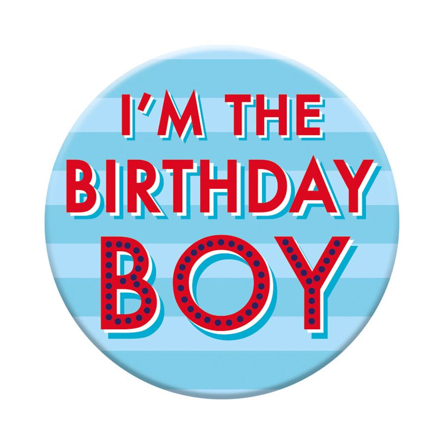 Six small birthday open badges by Tiger Feet featuring colorful designs for celebration and party accessories.