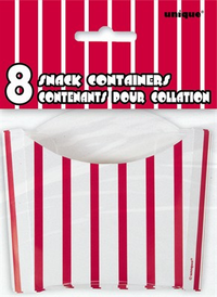 Eight red striped catering snack boxes by Unique, neatly stacked, showcasing their vibrant design and compact size.