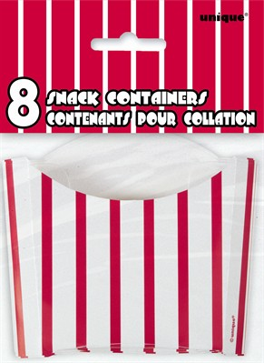 Eight red striped catering snack boxes by Unique, neatly stacked, showcasing their vibrant design and compact size.