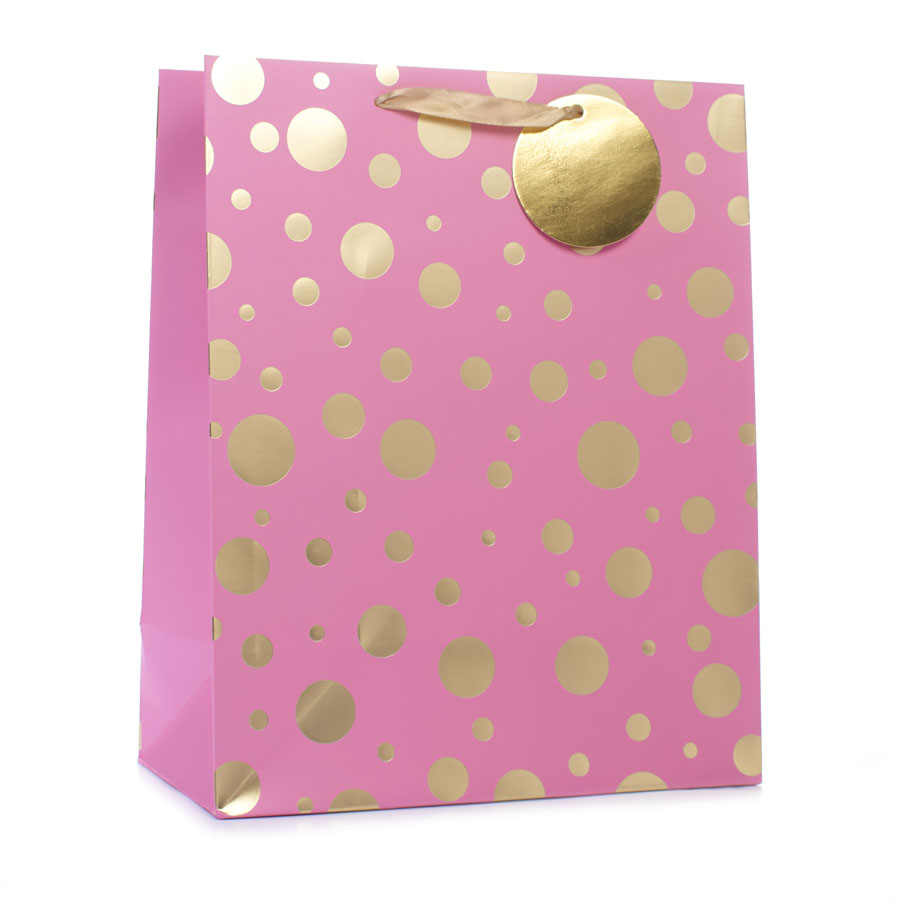 Gift Bag Pink With Gold Spots Large 6pk