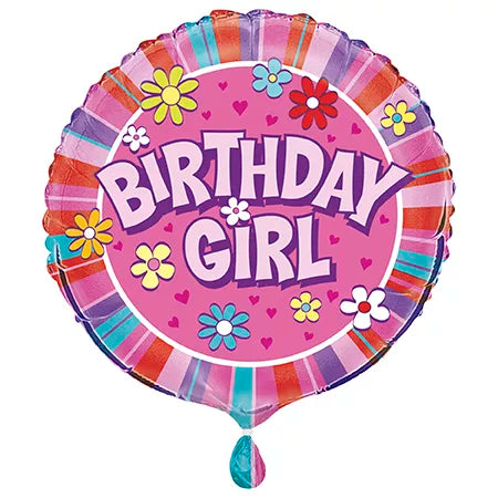 Unique Birthday Girl 18-inch foil balloon featuring colorful birthday-themed design for celebrating an 18th birthday.