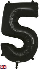 Oaktree black foil balloon in 34-inch number 5 shape, shiny and reflective for celebrations or parties.