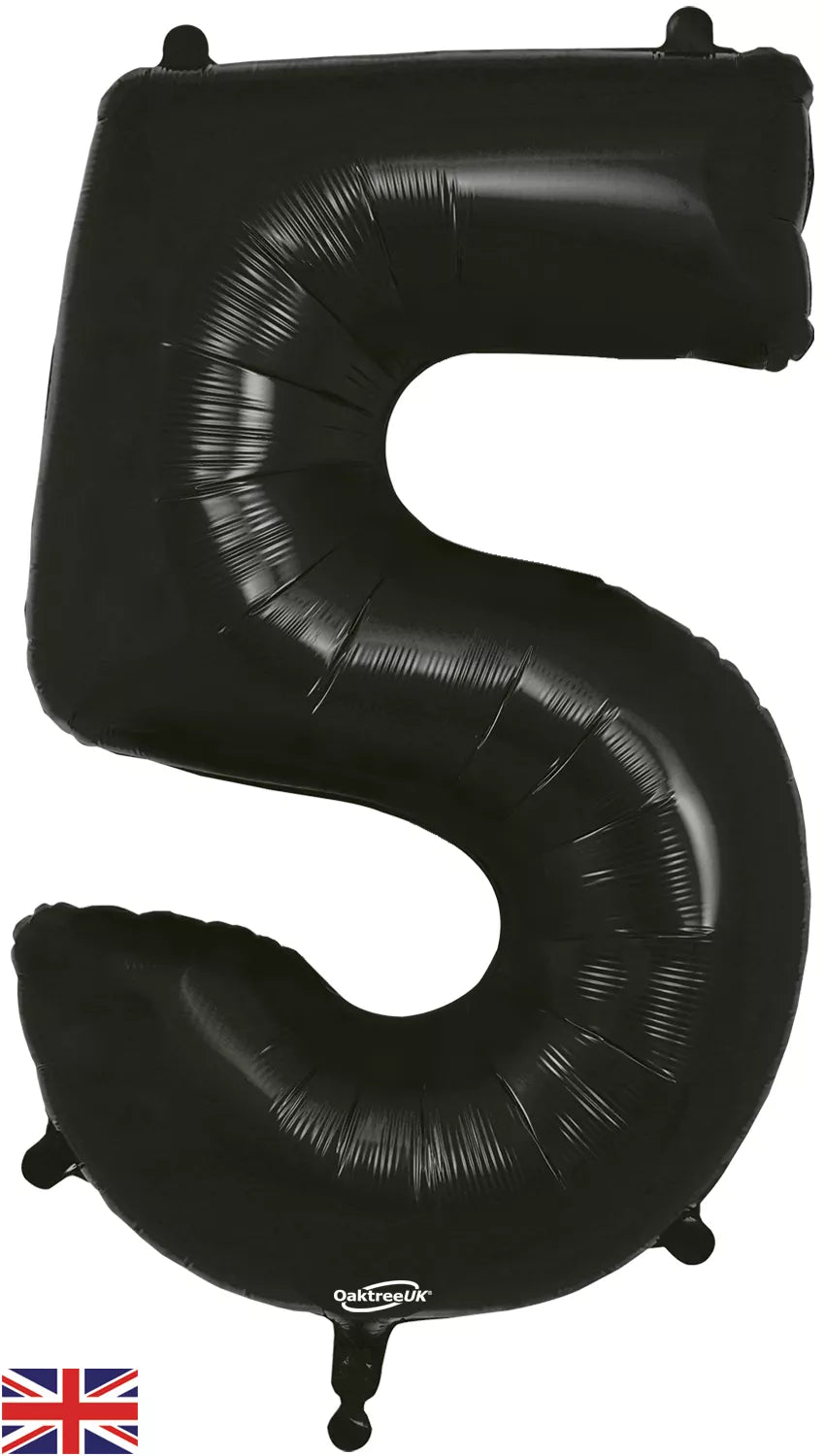 Oaktree black foil balloon in 34-inch number 5 shape, shiny and reflective for celebrations or parties.
