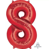 Red 34-inch Anagram foil balloon shaped like the number 8, shiny and festive for celebrations or events.