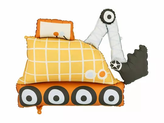 PartyDeco foil balloon shaped like an excavator, 36-inch size, bright yellow and black construction-themed foil balloon.