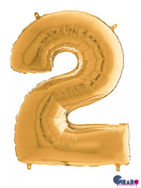 Gold Grabo foil balloon in the shape of the number 2, measuring 26 inches, with shiny metallic finish.