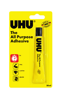 UHU all-purpose glue 20ml bottle showing clear adhesive and applicator tip for versatile craft and repair projects.
