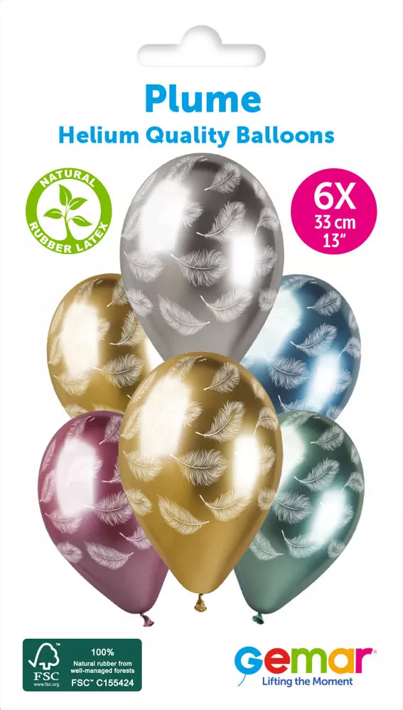 Six Gemar 13-inch printed latex balloons with colorful plume designs for celebrations and parties.