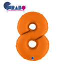 Matte orange Grabo foil balloon in the shape of the number 8, 40 inches tall, inflated and floating against a plain background.