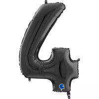 Black 26-inch Grabo foil number 4 balloon inflated and displayed on a plain background.