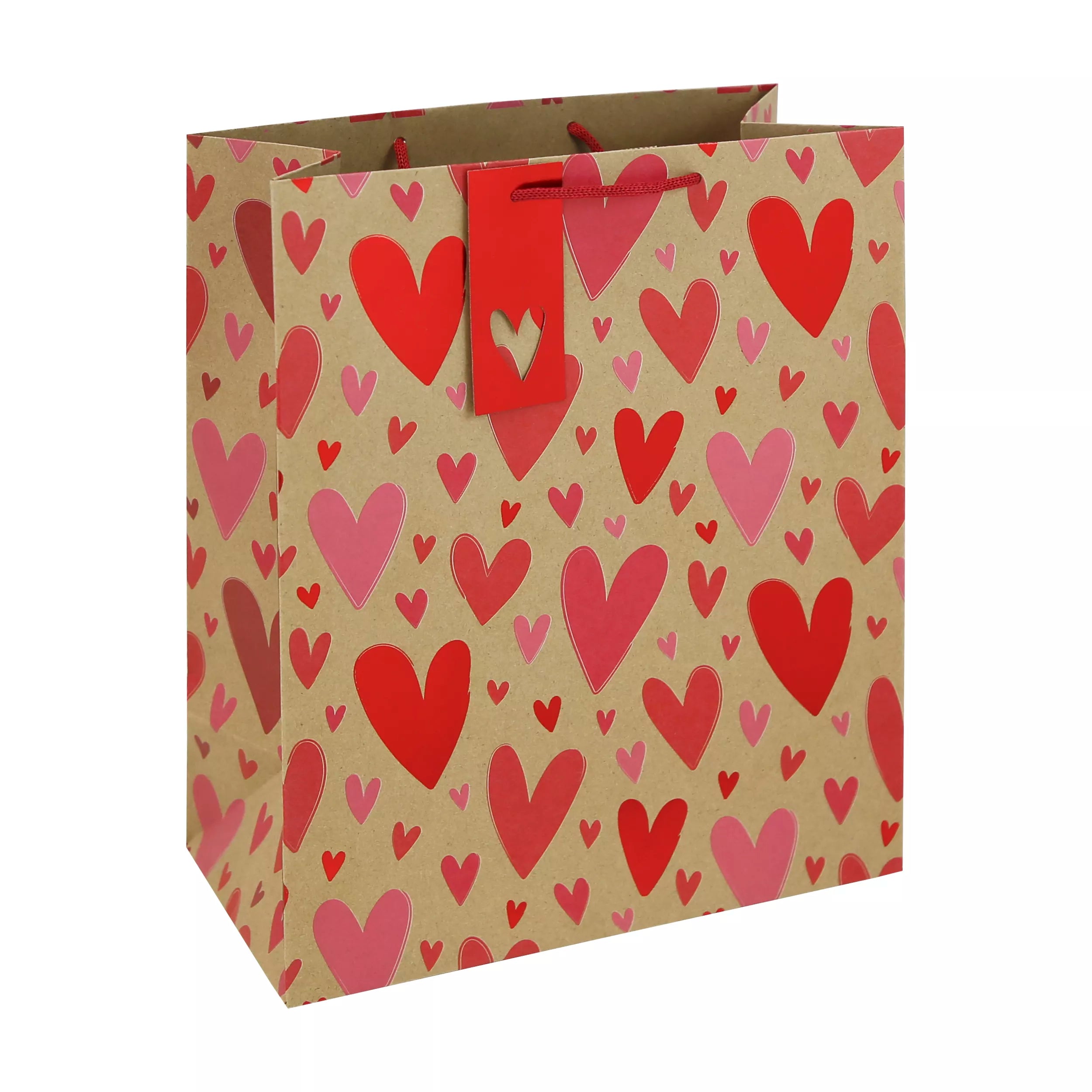 Eurowrap 12-pack kraft gift bags with large heart print, ideal for gift wrapping and special occasions.