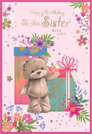 Simon Elvin C50 birthday sister cards, a set of six colorful greeting cards featuring celebratory designs for sisters.