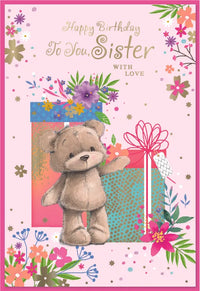 Simon Elvin C50 birthday sister cards, a set of six colorful greeting cards featuring celebratory designs for sisters.